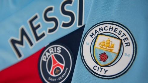 Messi on the Back of a Manchester City Home Shirt with the Paris Saint-Germain and Manchester City Club Badges