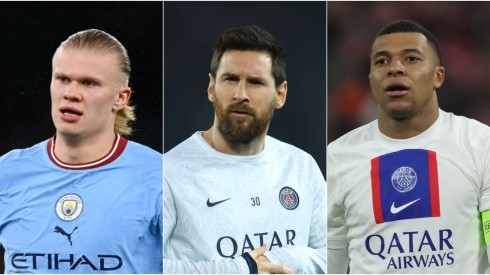 Foto: Alex Grimm/Michael Regan/Getty Images - Messi, Mbappe e Haaland