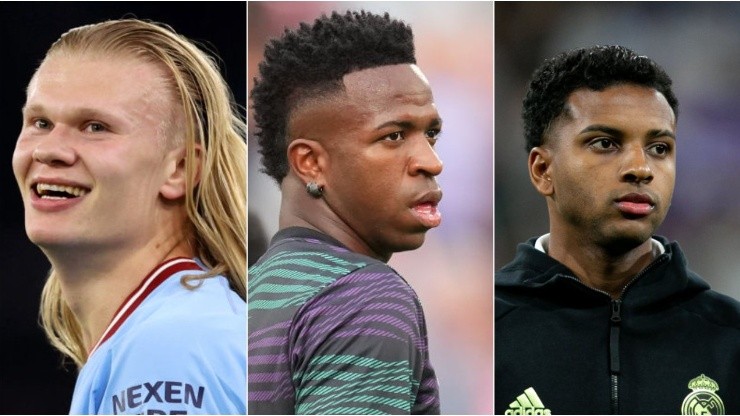 Foto: Catherine Ivill/Alex Caparros/Flor Tan Jun/Getty Images - Haaland, Vinícius Junior e Rodrygo